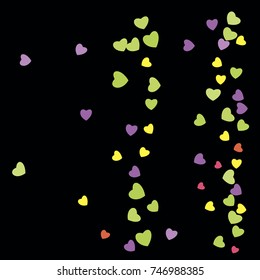 Bright Confetti with gentle Hearts, bright colorful background, cute and fun decoration. Black background Vector illustration for celebration, party, holiday, children party and Your project.
