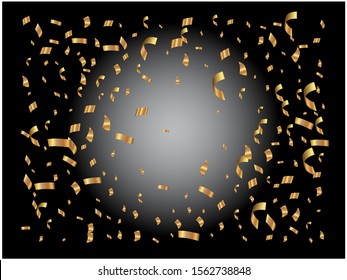 Bright confetti isolated on black background. Vector illustration. New particles. Golden chaotic luxury, bright and festive elements for your creative projects, design or other.