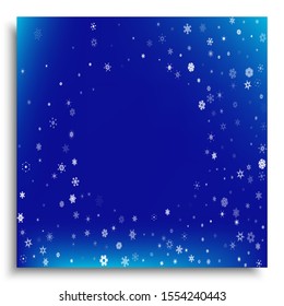 Bright confetti isolated on blue background. Graphic particles. Vector illustration. White chaotic luxury, bright and festive snowflakes for your creative projects, design or other.