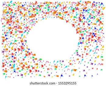 Bright confetti isolated on white background. Vector illustration. Fashionable particles. Red, green, yellow, blue, golden, pink, orange and violet festive elements for your projects or design.