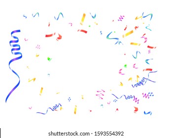 Bright confetti isolated on white background. Vector illustration. Graphic particles. Red, green, yellow, blue, golden, pink, orange and violet festive elements for your projects or design.