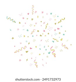 Bright confetti for parties and celebrations isolated on a white background. Festive template in bright colors to illustrate party, surprise, celebration, gift, birthday invitation. Defocused elements