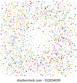 Bright Confetti pattern for birthday design. Abstract dotted surface. Background with colored particles. Halftone effect illustration. Colorful triangles on white background. Multicolor surface