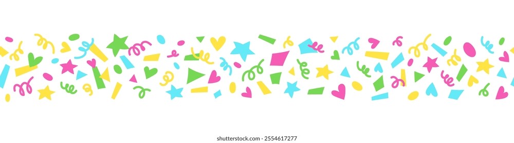 Bright confetti seamless border isolated on white background. Confetti explosion. Celebration background, banner, header, mail listing. Serpentine, colored paper cuts. Decoration for birthday, holiday