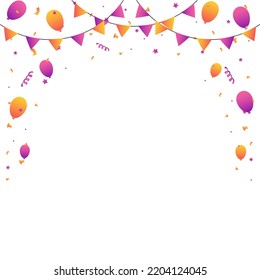 Bright confetti vector background with colorful baloons, ribbons and stars, place for yours text at the center. Anniversary, celebration, festival, carnaval, greeting illustration with fun explosion.