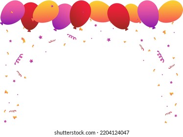 Bright confetti vector background with colorful baloons, ribbons and stars, place for yours text at the center. Anniversary, celebration, festival, carnaval, greeting illustration with fun explosion.