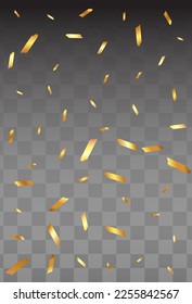 Fondo transparente del vector de confetti brillante. Textura dorada de polvo amarillo. Postales de vacaciones serpentinas. Dibujar Ilustración Ligera.