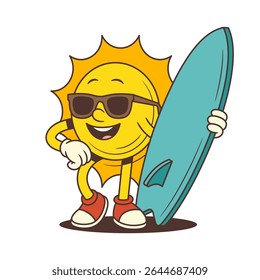 Bright and confident vintage sun mascot wearing sunglasses and holding a surfboard, perfect for summer, beach, vacation, and surfing themed projects. Vector illustration