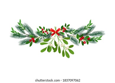 Bright Coniferous Tree Branch and Mistletoe Arranged in Semicircular Vector Composition