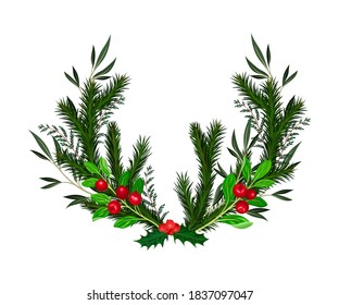 Bright Coniferous Tree Branches and Cranberry Twigs Arranged in Semicircular Vector Composition