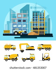 Bright construction background with construction equipment icons. Building process and tools: bulldozer, excavator, tractor, concrete mixer and construction crane. Vector illustration
