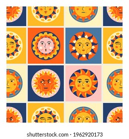 Bright contemporary illustration of the sun with emotion. Can be used as background, textile, print. Fashionable vector pattern.