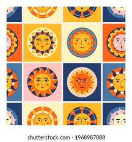 Bright contemporary illustration of the sun with emotion. Can be used as background, textile, print. Fashionable vector pattern.
