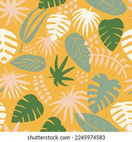 Bright Continuous Botanical Organic Monstera Surface Wallpaper. Yellow Seamless Decoration Decorative Hawaiian Element Art. Gradient Repetitive Elegant Garden Paint Pattern.