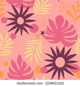 Bright Continuous Summer Decorative Beach Watercolor Print. Vibrant Repeated Botanical Organic Blossom Shape Pattern. Pastel Seamless Color Palm Surface Background.