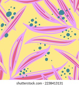 Bright Continuous Tropical Retro Garden Illustration Background. White Seamless Summer Modern Branch Leaves Pattern. Blue Repeated Color Palm Lines Texture.