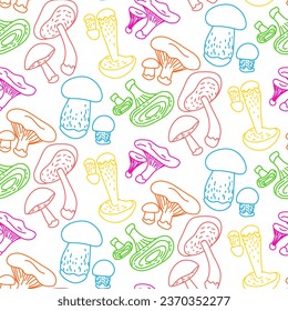Bright contour pattern with multicolored contours of mushrooms. Colorful illustration of mushrooms, bright psychedelic colors on a white background. Contoured seamless texture for printing on textiles