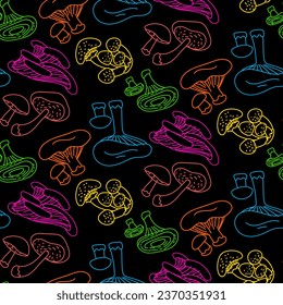 Bright contour pattern with multicolored mushrooms. Colorful illustration of mushrooms, bright psychedelic colors on a black background. Contoured seamless texture for printing on textiles and paper
