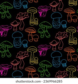 Bright contour pattern with mushrooms. Colorful illustration with edible mushrooms, bright psychedelic colors on a black background. Contoured seamless texture for printing on textiles and paper