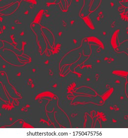 Bright contour toucans with berries on gray vector seamless pattern for decoration, wrapping paper, textile.