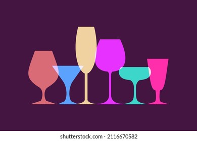 bright contours of wine glasses on a dark background. vector illustration. bar, alcoholic beverages.