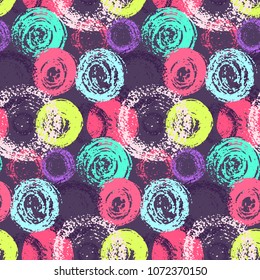 Bright contrast colorful grunge scratched circles seamless pattern. Fashion color round elements on on dark purple background texture for textile, wrapping paper, surface, graphic design, wallpaper