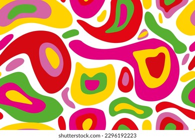 BRIGHT CONTRAST COLORS OF ABSTRACT SPOTS IN 60S,70S, 80S, 90S FASHION STYLE. Fashionable trendy style seamless vector pattern for design and decoration.