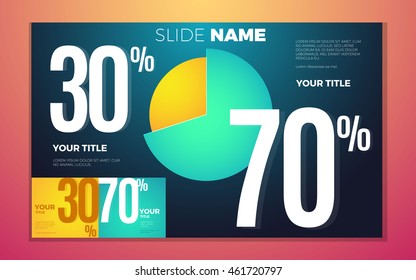 Bright contrast colors infographic set with pie chart, boxes and numbers. Vector illustration with 70 and 30 percent