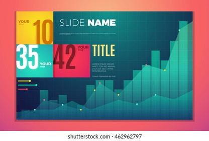 Bright contrast colors infographic set with progress chart, boxes, text and numbers. Vector creative modern eps10 illustration