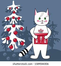 Bright contrast greeting card with a white cat who gives a gift.