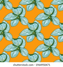 Bright contrast hand drawn seamless pattern with contoured orchid flowers shapes. Orange background. Graphic design for wrapping paper and fabric textures. Vector Illustration.