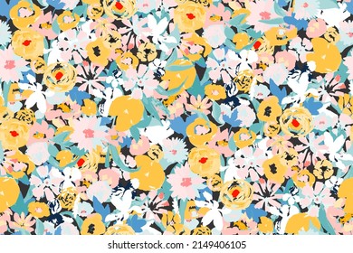 bright contrast multicolored floral pattern with brush strokes of paint