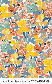 bright contrast multicolored floral pattern with brush strokes of paint