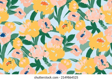 bright contrast multicolored floral pattern with brush strokes of paint