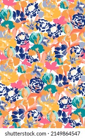 bright contrast multicolored floral pattern with brush strokes of paint