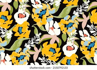 bright contrast multicolored floral pattern with brush strokes of paint