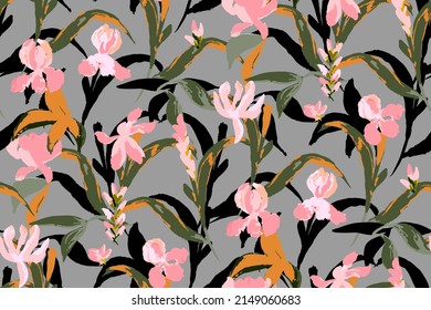 bright contrast multicolored irises floral pattern with brush strokes of paint