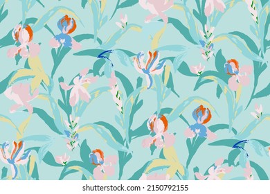  bright contrast multicolored irises floral pattern with brush strokes of paint