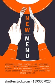Bright contrast new menu poster with hands holding a knife and fork next to a plate