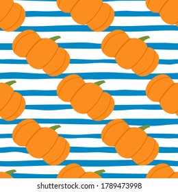 Bright contrast orange pumpkins seamless pattern. White background with blue strips. Food print. Great for wrapping paper, textile, fabric print and wallpaper. Vector illustration.