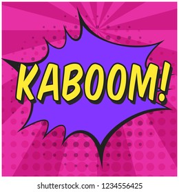 Bright contrast pink comic speech bubble with KABOOM text. Purple outline balloon with dotted halftone shadow and stripes in pop art style for advertisement text, web design, flyer