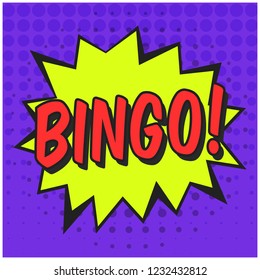 Bright contrast purple comic speech bubble with BINGO text. Yellow outline balloon with white halftone shadow in pop art style for advertisement text, web design, flyer