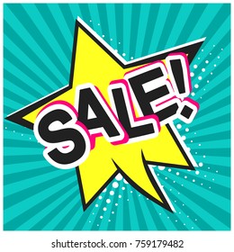 Bright contrast red comic speech bubble with sale text. Black outline message balloon with halftone shadow and stripes in pop art style for shop and store advertisement text, web design, flyer