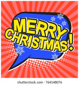 Bright contrast red striped retro comic speech bubble background with yellow Merry Christmas text. Outline blue balloon with halftone shadow in pop art style for winter holiday celebration text, label