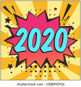 Bright contrast red and yellow striped retro comic speech bubble background with blue 2020 number. Cute balloon in pop art style for New Year winter holiday decoration, label, banner design
