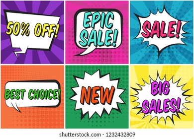 Bright contrast retro comic speech bubbles set with colorful sales words. White outline balloons with halftone shadow in pop art style for winter holiday advertisement, label design