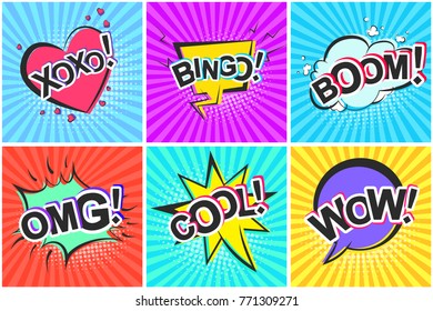 Bright contrast retro comic speech bubbles with Bingo, Boom, Xoxo, Cool, Omg, Wow. Black outline balloons with halftone shadow and stripes in pop art style for advertisement text, web design, label