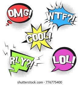 Bright contrast retro comic speech bubbles set with colorful OMG, WTF, LOL, RLY, COOL words. Black outline balloons with halftone shadow in pop art style for advertisement, label, comics book design