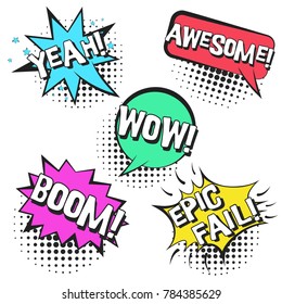 Bright contrast retro comic speech bubbles set with colorful YEAH, BOOM, WOW, AWESOME, EPIC FAIL. Black outline balloons with halftone shadow in pop art style for advertisement, comics book design