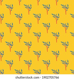 Bright contrast seamless pattern with blue colored leaf branch shapes. Yellow background. Doodle print. Stock illustration. Vector design for textile, fabric, gift wrap, wallpapers.